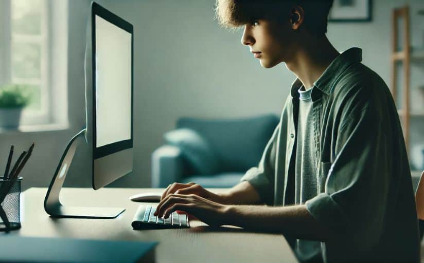 A student researching universal statements on a computer.