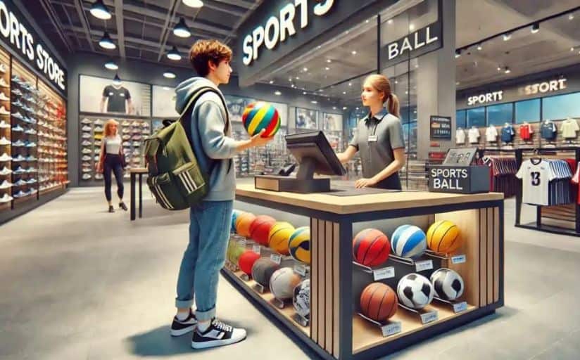 A boy uses nouns and verbs to describe what he needs to a sports store clerk